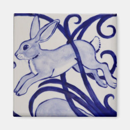 Rullan Blue & White Rabbit Hare Art Deco Tile Magnet