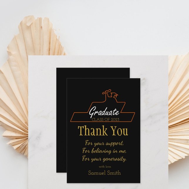 Rullan Studenten Script Handskrift Black & Guld Tack Kort (handwriting black and gold graduation thank you card.)
