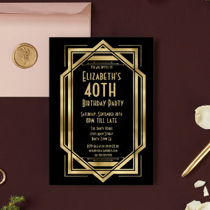 Rullande 20-tal Art Deco Svart Guld 40-årsfest Inbjudningar