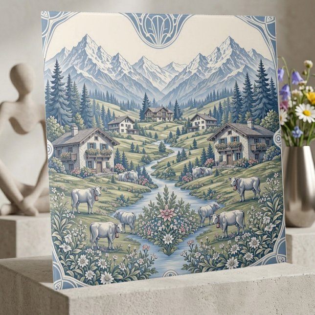 Rullande ängar betande ko rustik stuga berg kakelplatta (Rolling Meadows Grazing Cow Rustic Cabin Mountains Ceramic Tile)