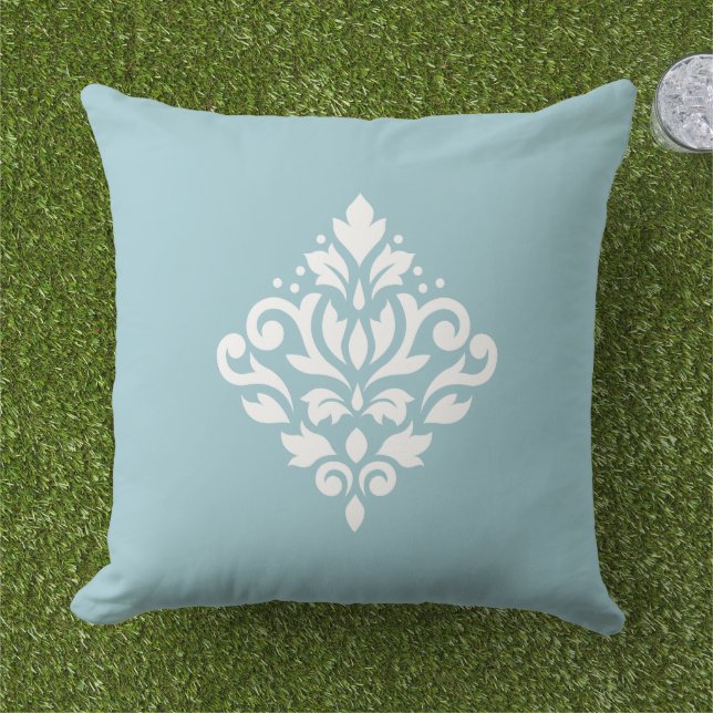 Rullande Damask Vit på Blå Kudde (Gräs)