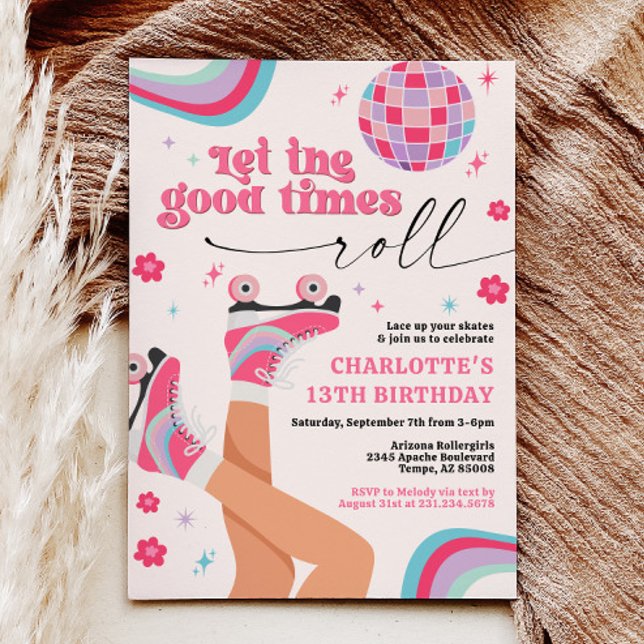 Rullande fjällinbjudan Retro Rainbow Inbjudningar (Roller Skate Skating Retro Groovy Girl Birthday Invitations)