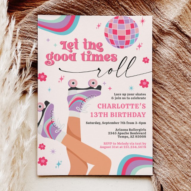 Rullande fjällinbjudan Retro Rainbow Inbjudningar (Roller Skating Birthday Invitation Retro Groovy Rainbow )