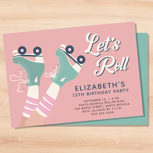 Rullande Födelsedagsfest Inbjudningar (A roller skating birthday party invitation with a cool retro vibe)