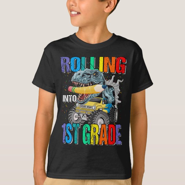 Rullande i första Klass-monster Lastbil Dinosaur B T Shirt (Framsida)