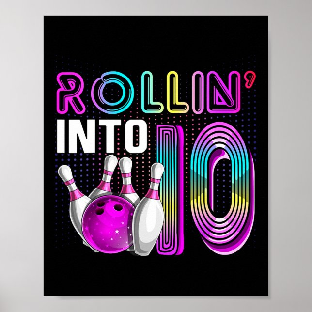 Rullar in i 10 bowling födelsedagsfest 10-års föde poster (Framsidan)