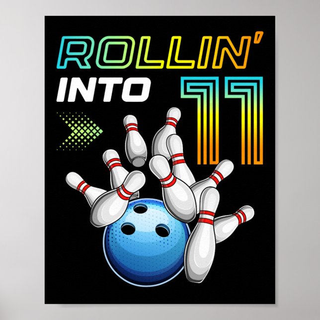 Rullar in i 11 Retro bowling födelsedagsfest 11-år Poster (Framsidan)
