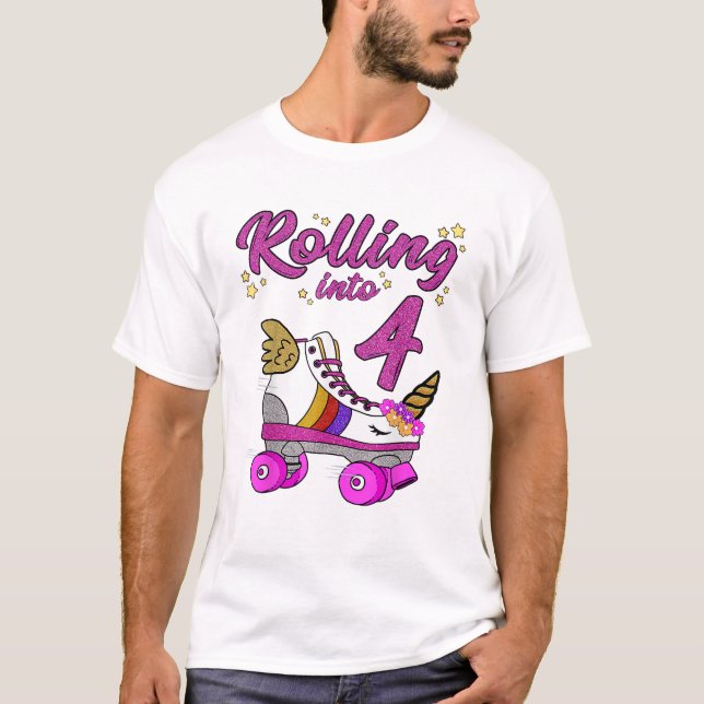 Rullar in på 4-års födelsedags-tröja Enhörning Rul T Shirt (Framsida)