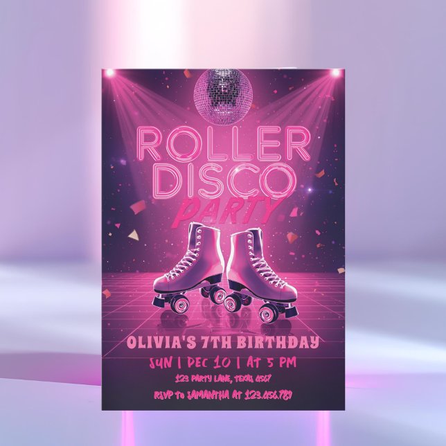 Rulldisco-fest-födelsedagsinbjudan | Neonrosa Inbjudningar (Skapare uppladdad)