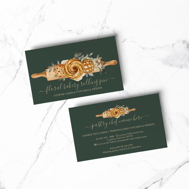 Rullningsbakelse Kakor Bröd sage grön guld Visitkort (Rolling Pin Bakery Cookies Breads sage green gold Business Card)