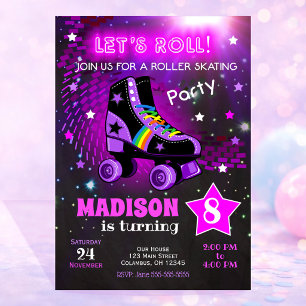 Rullskridsko födelsedagsfest inbjudan / Neon