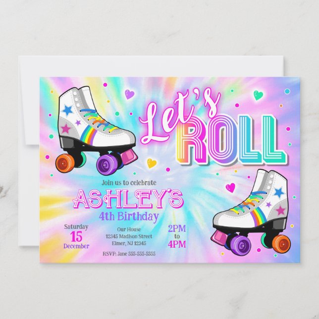 Rullskridsko födelsedagsfest Tie Dye Neon Glow Inbjudningar (Framsida)