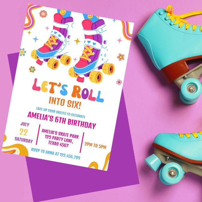 Rullskridsko Låt oss rulla Skridsko flicka födelse Inbjudningar (Groovy retro roller skate birthday invitation with colorful  retro party vibes for girls)