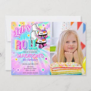 Rullskridskoåkande Enhörning Födelsedag Tie Dye Ne Inbjudningar