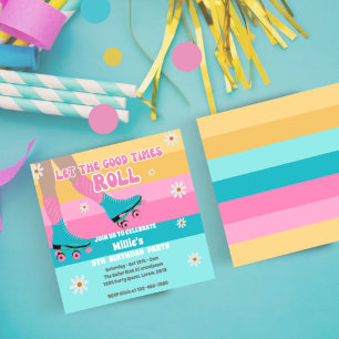 Rullskridskor med Födelsedagsfesten Retro Rainbow Inbjudningar