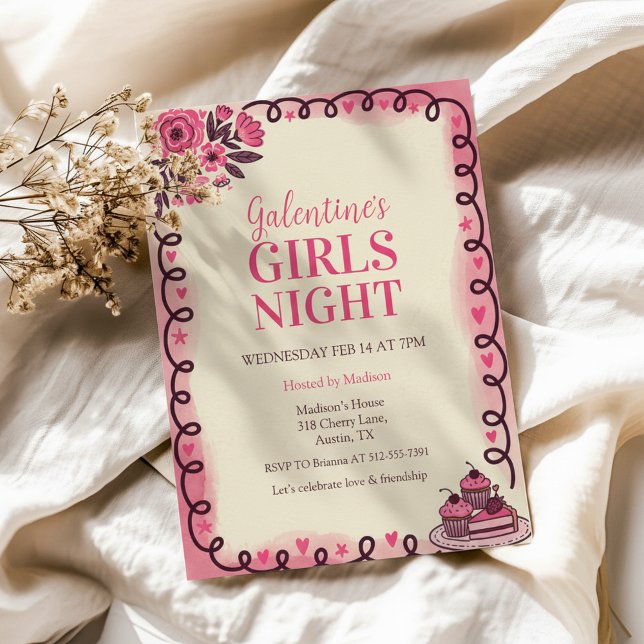 Rullverksgräns Galentine-inbjudan Inbjudningar (Pink Watercolor Invite)