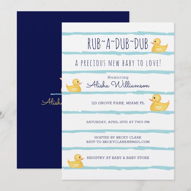 Rum-A-Dub-Dub-Gult Rubber Ducky Baby Shower Inbjudningar (Fram/baksida)