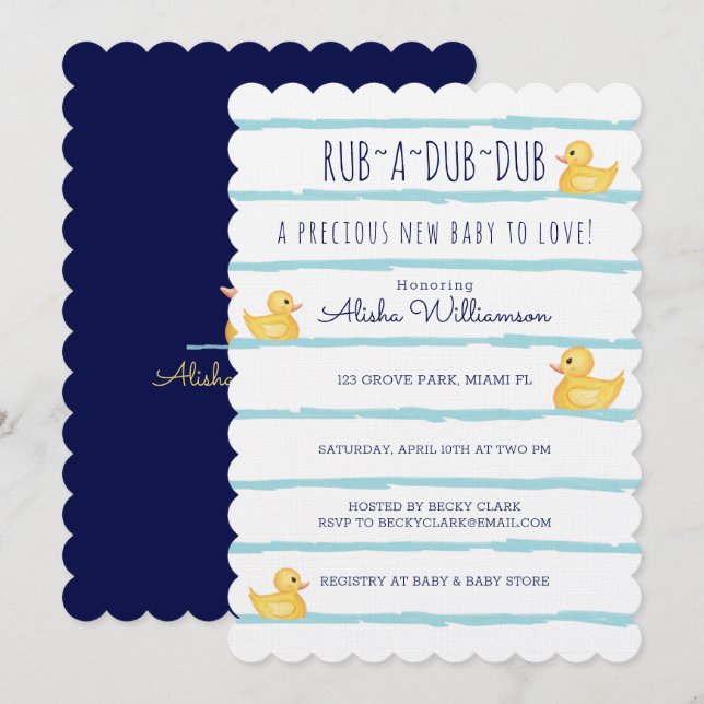 Rum-A-Dub-Dub-Gult Rubber Ducky Baby Shower Inbjudningar (Fram/baksida)