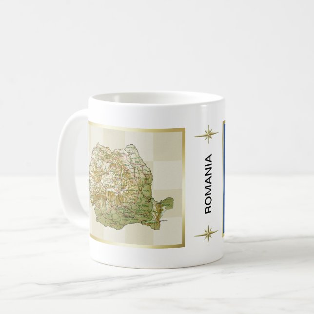 Rumänien Flagga + Kartmugg Kaffemugg (Framsida vänster)