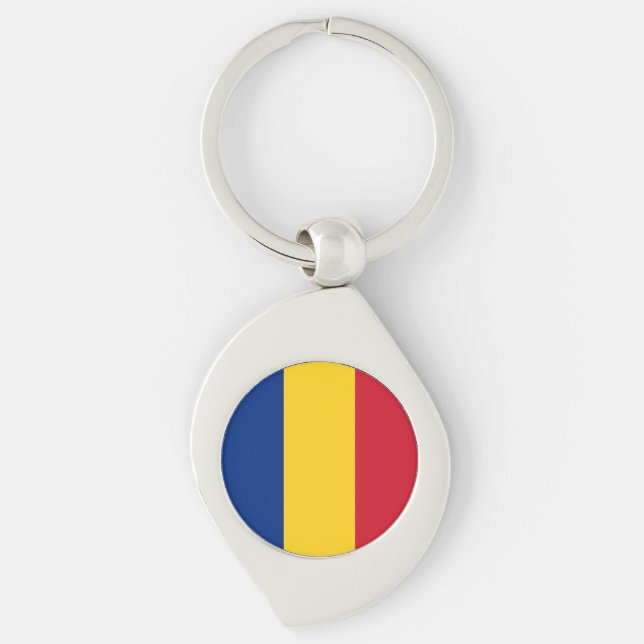 Rumänien Flagga Swirl Silverfärgad Nyckelring (Framsidan)