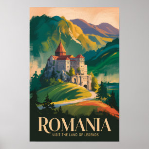 Rumänien Slott Landskapsillustration Resa Konst Poster