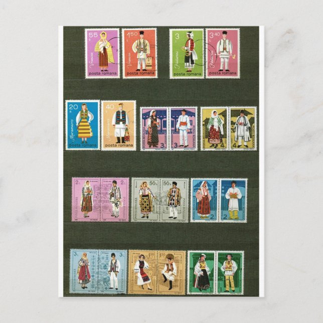 Rumänska folkdräkter på frimärke vykort (Framsida)