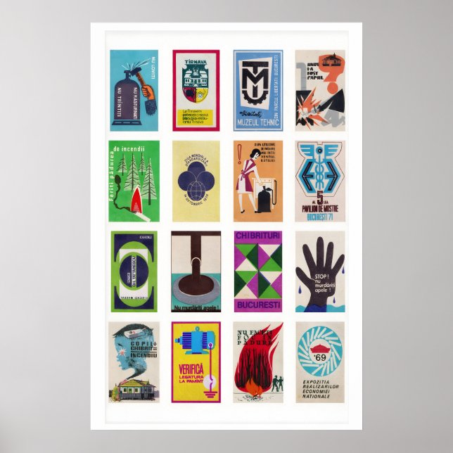 Rumänska tändsticksförpackningsetiketter Collage,  Poster (Framsidan)