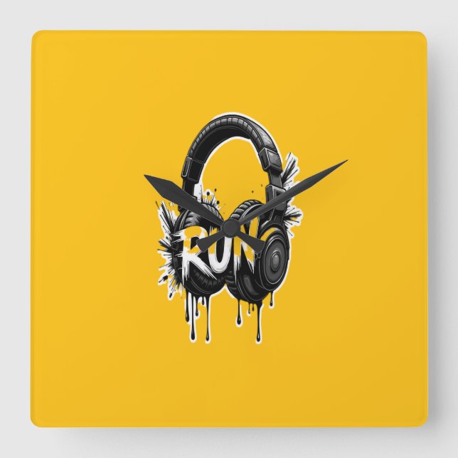 RUN Headphones Street Art Sticker Fyrkantig Klocka (Framsida)