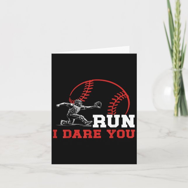 Run I Dare You Funny Baseball Catcher Baseball Pla Kort (Framsida)