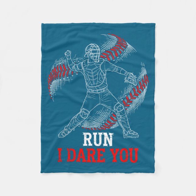 Run I Dare You Funny Baseball Catcher Graphic Play Fleecefilt (Framsidan)