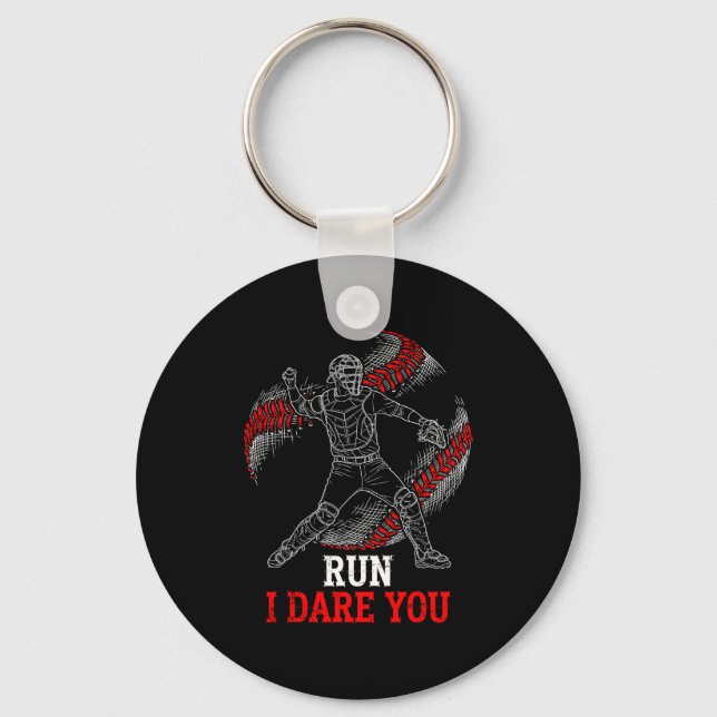 Run I Dare You Funny Baseball Catcher Graphic Play Nyckelring (Framsida)