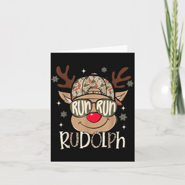 Run Rudolph Santa's Reindeer Christmas Camo Boys T Kort (Framsida)