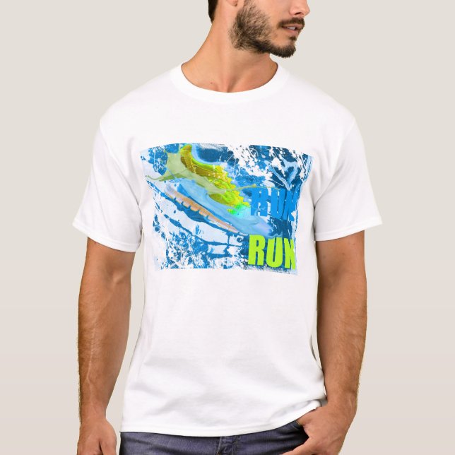 RUN RUN Blå & Grön Målarfärg Stänk Löpning Skor T Shirt (Framsida)
