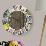 Rund 12 Fotokollage Rustic Mörk Wood Stor Klocka<br><div class="desc">Skapa din egen unika väggklocka. Fotomallen är ett redo som du kan använda för att lägga till 12 av dina favoritfoton. Lägg till att bilderna arbetar medsols från toppen och växla runt dem för att få det utseende du vill ha. Den här mörkens trädesign har vita siffror och kommer att...</div>