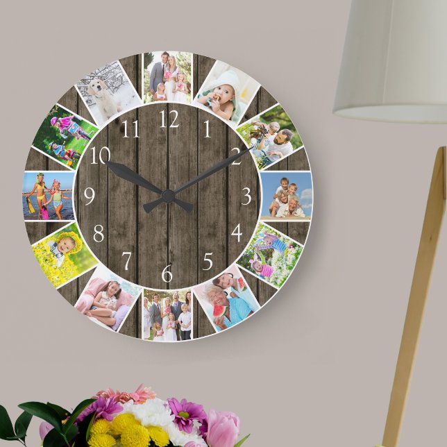 Rund 12 Fotokollage Rustic Mörk Wood Stor Klocka (Photo clock with 12 photos, one at each hour. Great design for your home or a thoughtful photo gift.)