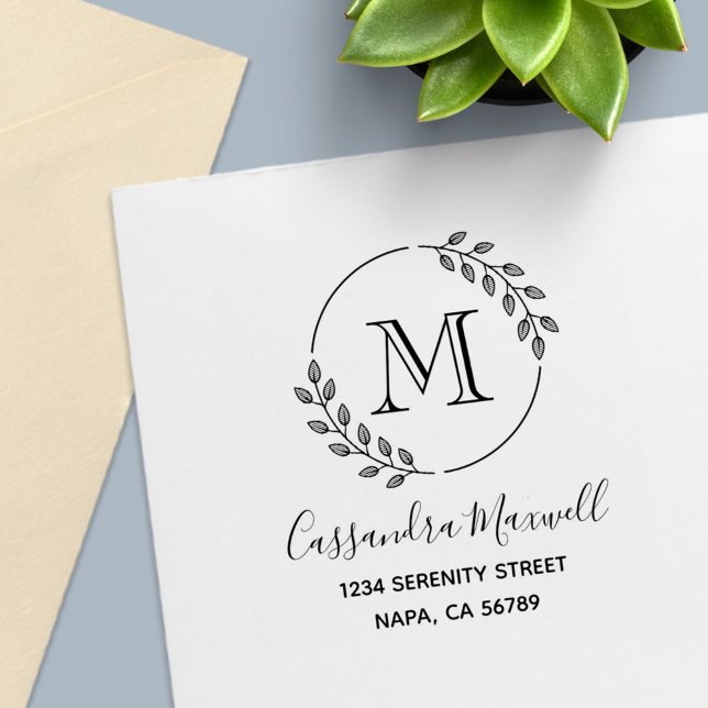 Rund andedräkt, Löv Monogram 2 Adress Självfärgande Stämpel (Skapare uppladdad)