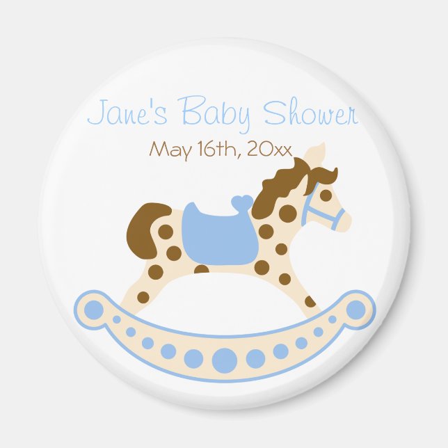 Rund blå Rocking Horse Baby Shower Magnet (Framsidan)