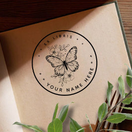 Rund Blommigt butterfly ex libris frimärke Stämpel
