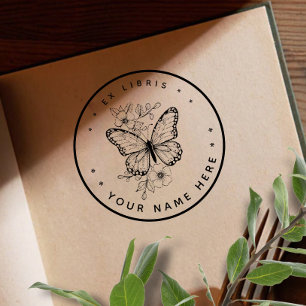 Rund Blommigt butterfly ex libris frimärke Stämpel