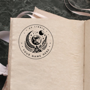 Rund blomster mån ex libris stämpel