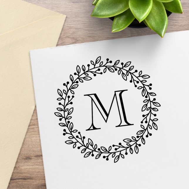 Rund botanisk bärkrans Monogram Initial Stämpel (Skapare uppladdad)