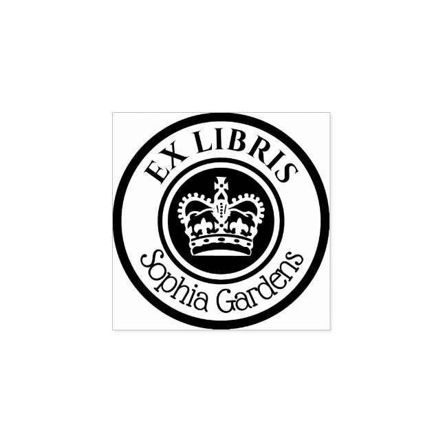 Rund Ex Libris Krona (vit på svart) Stämpel (Tryck)