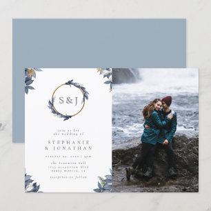 Rund foto från Guld Monogram och Blue Lövs Bröllop Inbjudningar