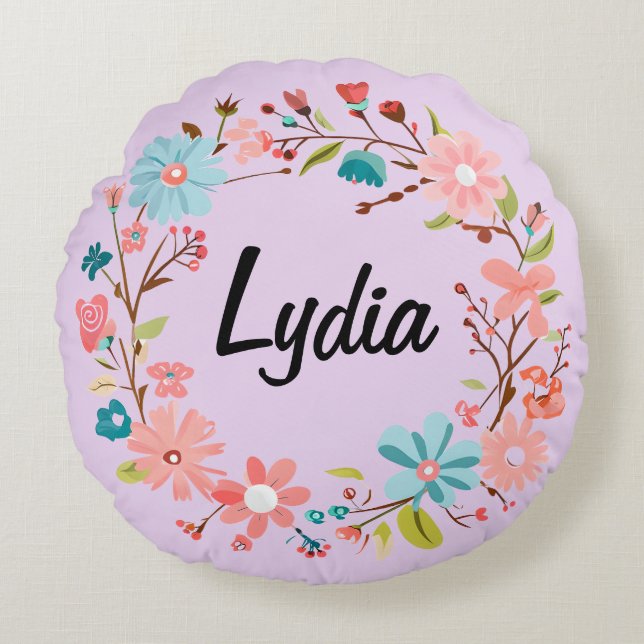 Rund fyllning av blommigt Namn - Personlig Gift Rund Kudde (Framsidan)