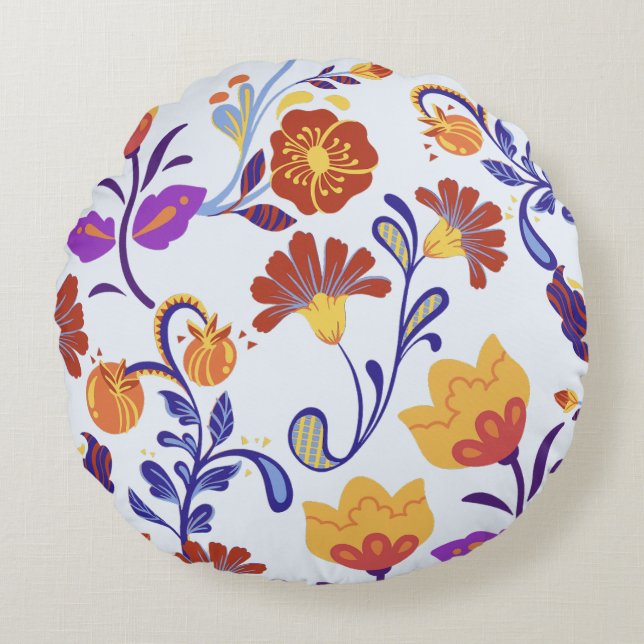 Rund fyllning av livlig och färgstark modern Blomm Kudde (Framsidan)