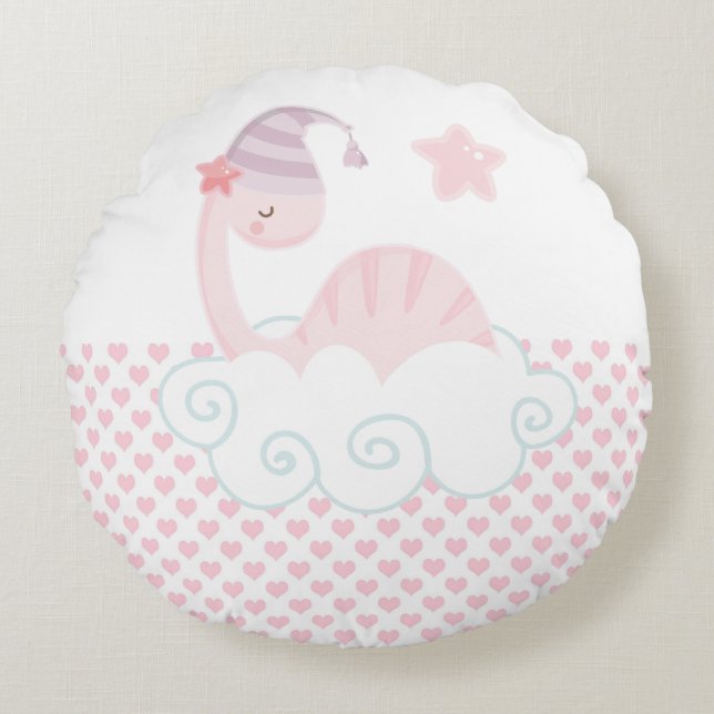 Rund fyllning av Rosa Dinosaur Rund Kudde (Framsidan)