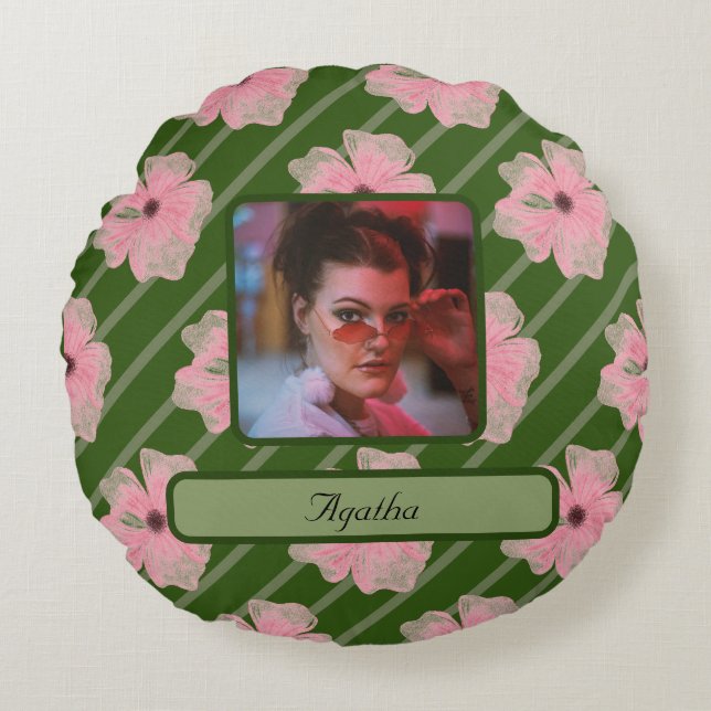 Rund fyllning av rosa Flowers och Rand Personlig Rund Kudde (Framsidan)