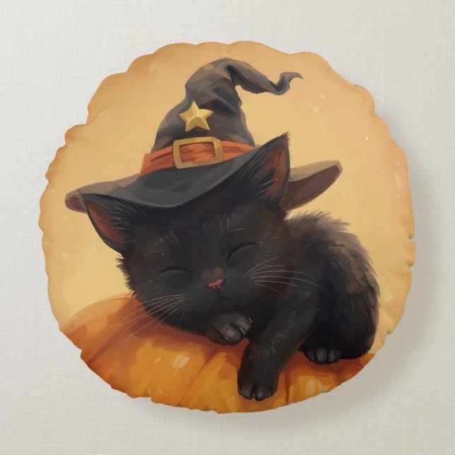 Rund fyllning av svart sidenlapp Halloween Kudde (Framsidan)