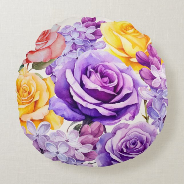 Rund fyllning av vattenfärgen Ro och Lilac Flowers Rund Kudde (Framsidan)