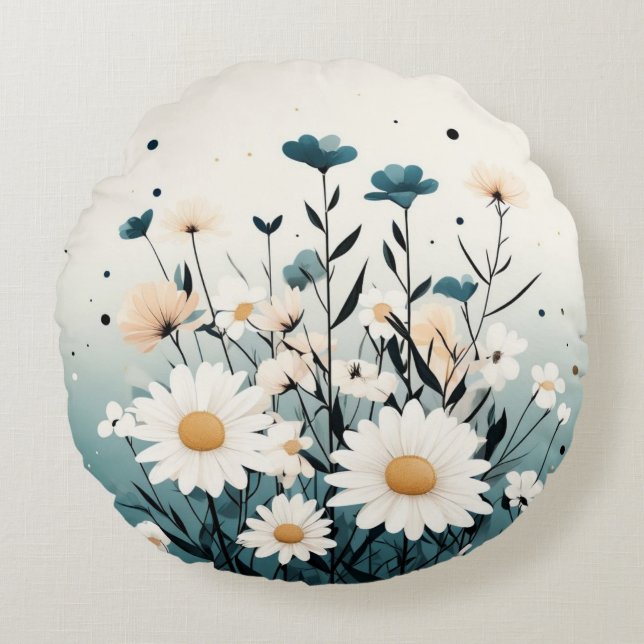 Rund fyllning av vit Blommigt Gult Rund Kudde (Framsidan)